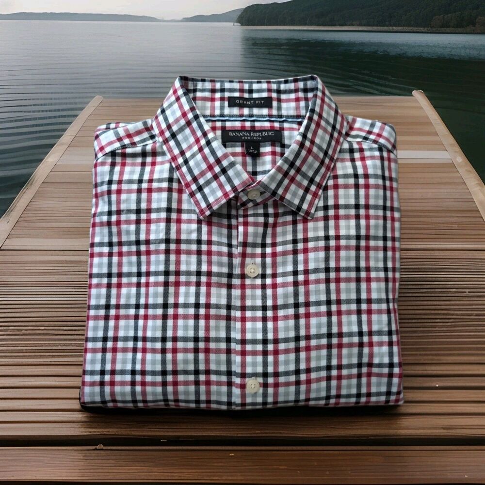 BANANA REPUBLIC SHIRT MENS SIZE LARGE GRANT FIT SLIM RED WHITE BLACK PLAID EUC